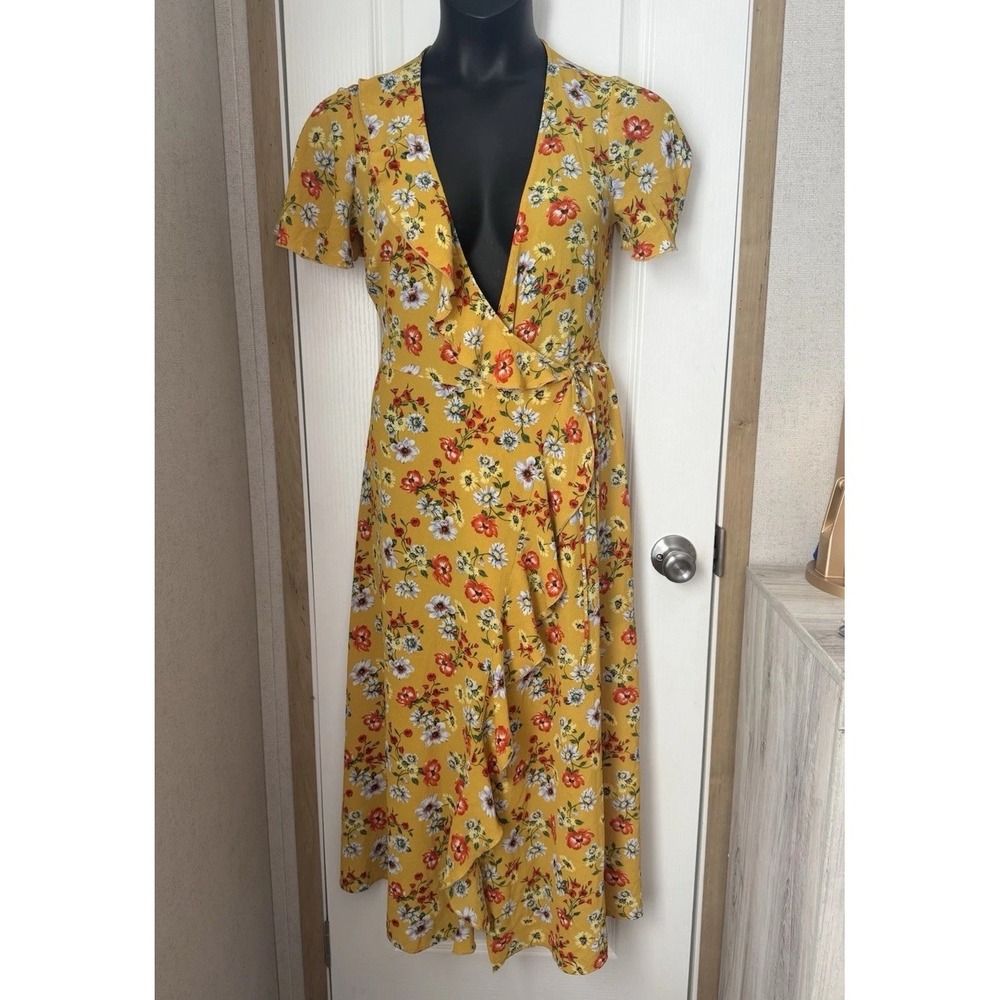 Yellow Floral Wrap High Low Dress Short Sleeve Midi Boho Tie Waist Small